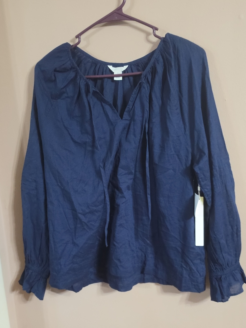 Caslon Navy Peasant Tie-Neck Blouse